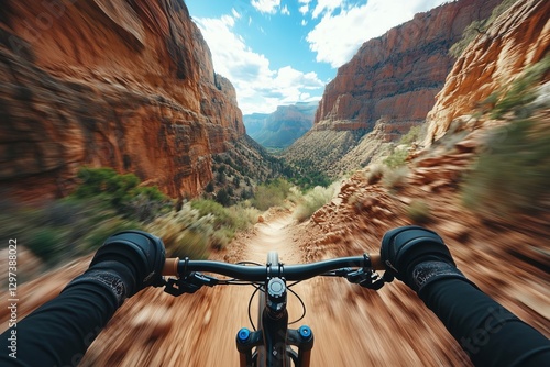 Cyclist Riding Downhill on Mountain Bike in Canyon