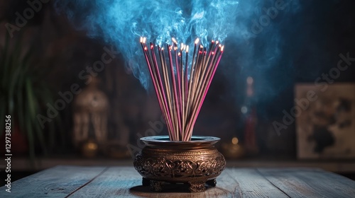 Various incense sticks on a stand burn with smoke, aroma in the house, decoration and aromatization of the room