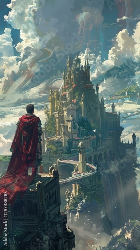 A lone figure stands on a cliff, gazing at a sprawling castle complex built into a mountainside. AI.