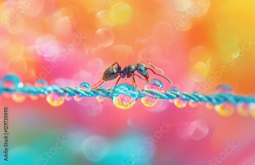 An ant walking on a rope with water droplets. AI.