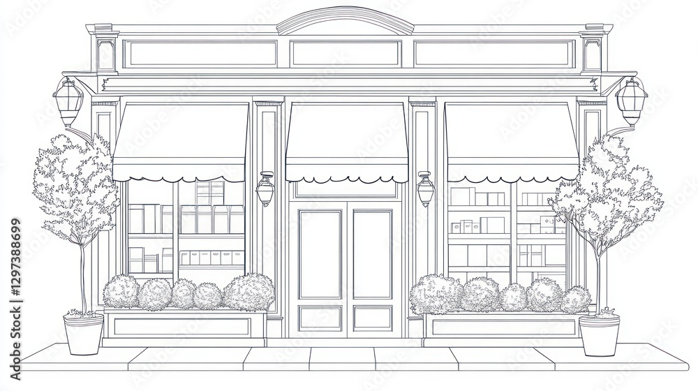 Fototapeta premium Classic Store Front, Line Drawing, Side View, Blank Interior