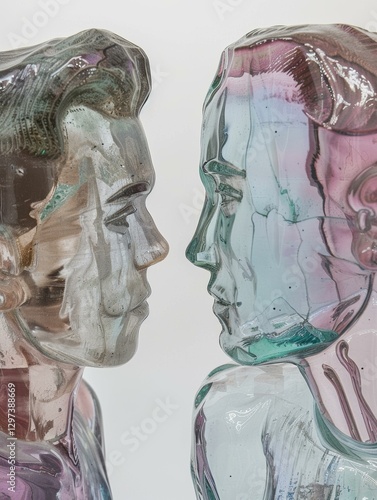 Two glass sculptures of faces facing each other. AI.