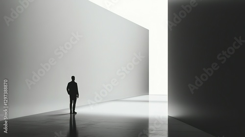 A lone person stands in front of a large white wall space