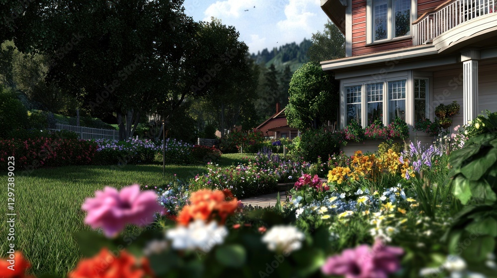 Vibrant garden in full bloom surrounding a charming house under a clear blue sky Vibrant garden in full bloom surrounding a charming house under a clear blue sky