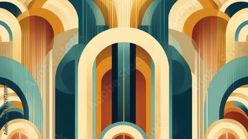 Vector abstract art deco luxury pattern, golden vintage artistic background with geometric shapes, archs and swirls. Linear retro ornament, gatsby card.