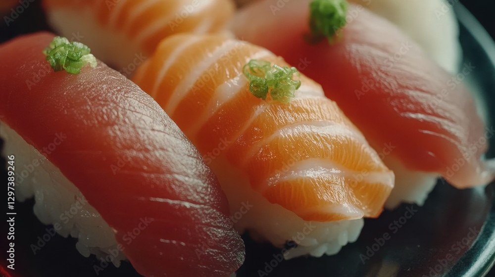 Vibrant assorted nigiri sushi on dark plate Vibrant assorted nigiri sushi on dark plate