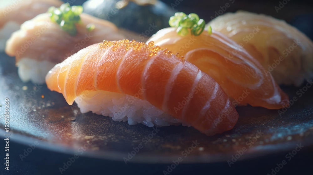 Vibrant assorted nigiri sushi close-up Vibrant assorted nigiri sushi close-up
