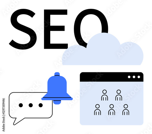 SEO text, speech bubble icon, notification bell, cloud graphic, and webpage window with users. Ideal for online marketing, analytics, content creation, user experience data management alerts