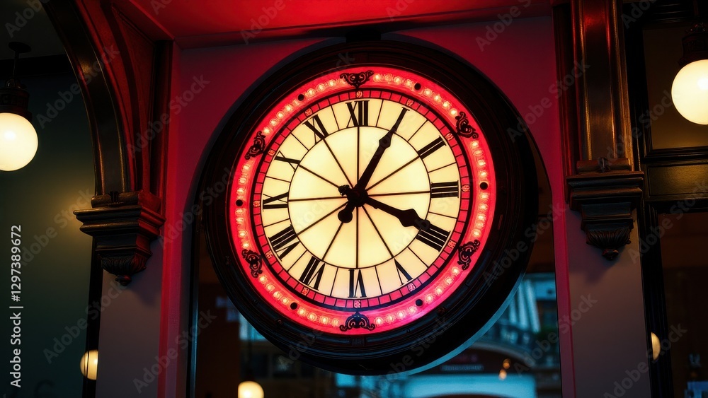 Naklejka premium The grand central clock is illuminated with red lights and features Roman numerals, creating a striking visual in a classic architectural setting.