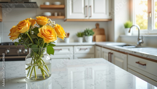 Yellow Roses Kitchen Counter Still Life, Clean Kitchen Counter, Spring Cleaning