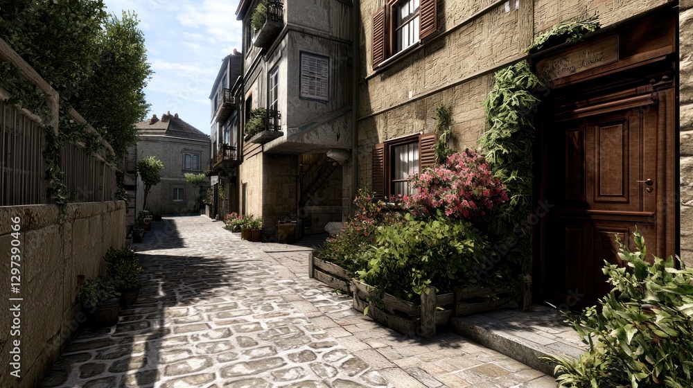 Charming cobblestone alleyway lined with quaint houses and vibrant flowers under a clear sky Charming cobblestone alleyway lined with quaint houses and vibrant flowers under a clear sky