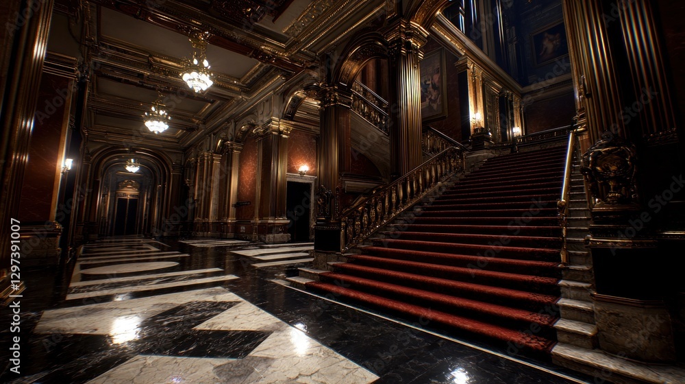 Grand staircase in an opulent historic building with ornate chandeliers and polished marble floors Grand staircase in an opulent historic building with ornate chandeliers and polished marble floors