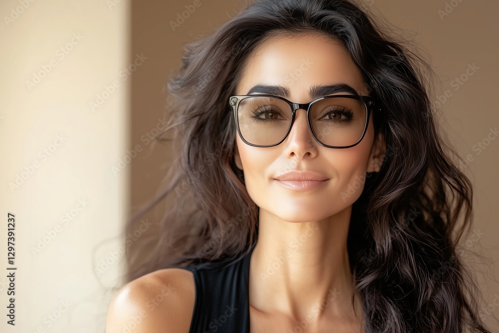 A refined and dramatic studio portrait of a confident woman wearing stylish glasses. A refined and dramatic studio portrait of a confident woman wearing stylish glasses.