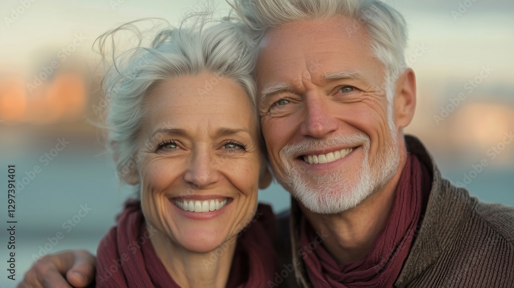 A joyful senior couple with gray hair smiling warmly at the camera. A joyful senior couple with gray hair smiling warmly at the camera.