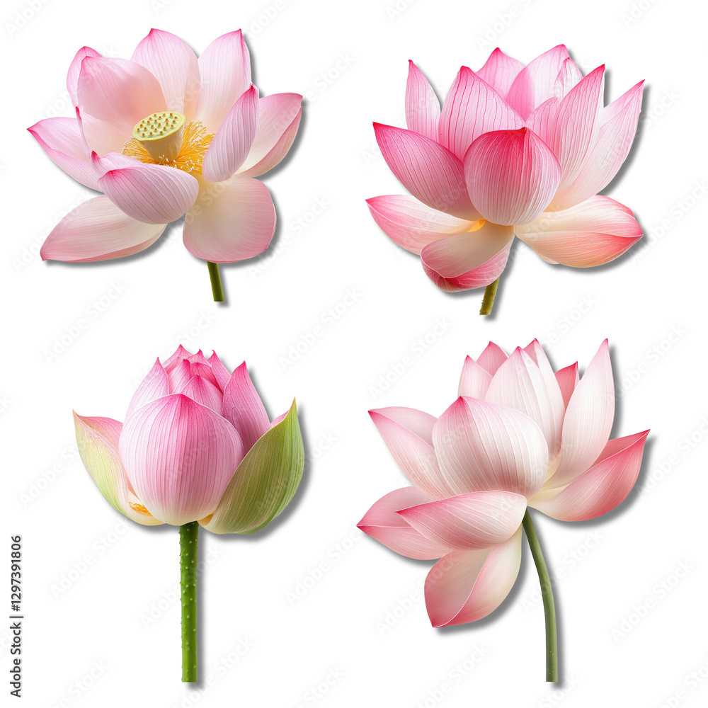 Naklejka premium Set of pink lotus flowers isolated on transparent background