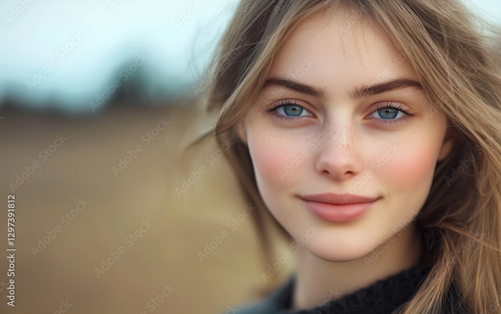 A young woman with blue eyes and natural makeup smiling softly in a blurred outdoor background. A young woman with blue eyes and natural makeup smiling softly in a blurred outdoor background.