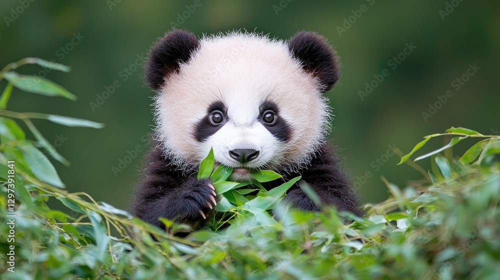Fototapeta premium Cute panda cub eating bamboo leaves in forest