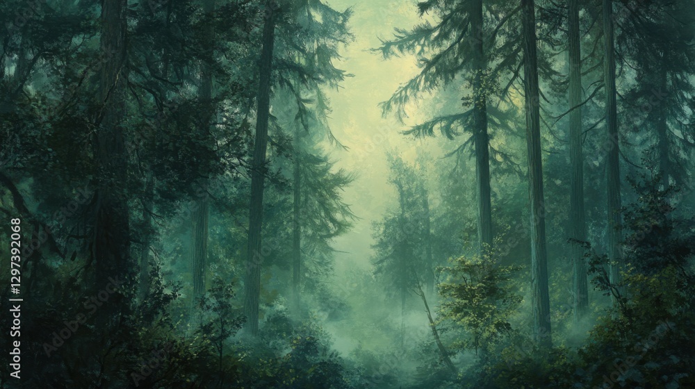Fototapeta premium Misty evergreen forest with serene atmosphere