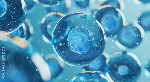Blue circular balls with an animal inside on a light background, microscopic view of blue cells, showing chromosomes under a microscope.