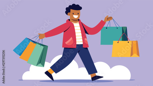 Person carrying colorful shopping bags happily walking on a bright background during a pleasant day