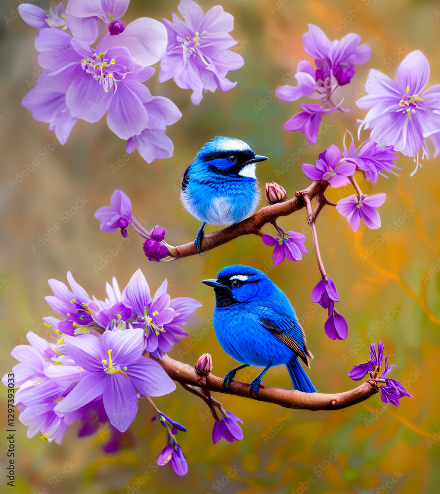 Blue Wrens on a branch with flowers