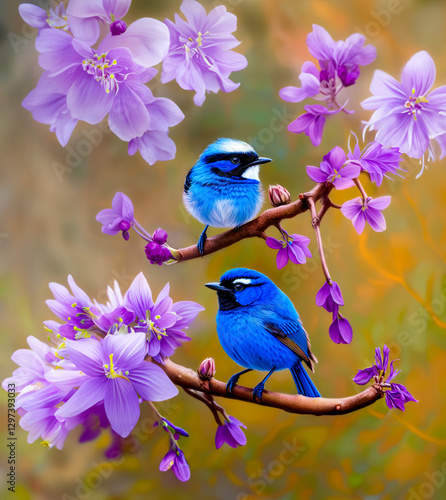 Blue Wrens on a branch with flowers 