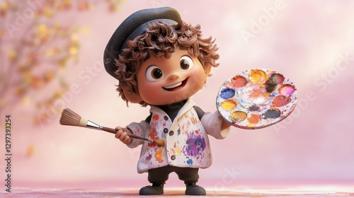 A cheerful young cartoon artist with a palette and brush, ready to paint a colorful world.