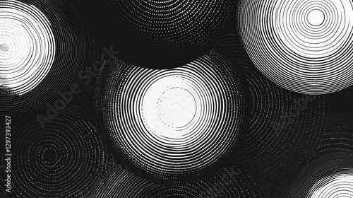 Abstract Black and White Circular Patterns on Dark Background