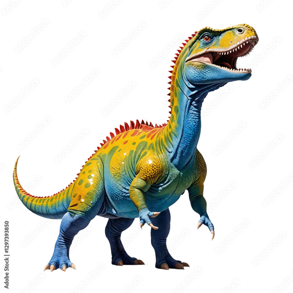 Fototapeta premium A vibrant and colorful illustration of a dinosaur, rendered in 3D, against a cut out background.