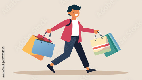 Person carrying colorful shopping bags happily walking on a bright background during a pleasant day