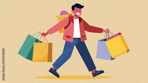Person carrying colorful shopping bags happily walking on a bright background during a pleasant day