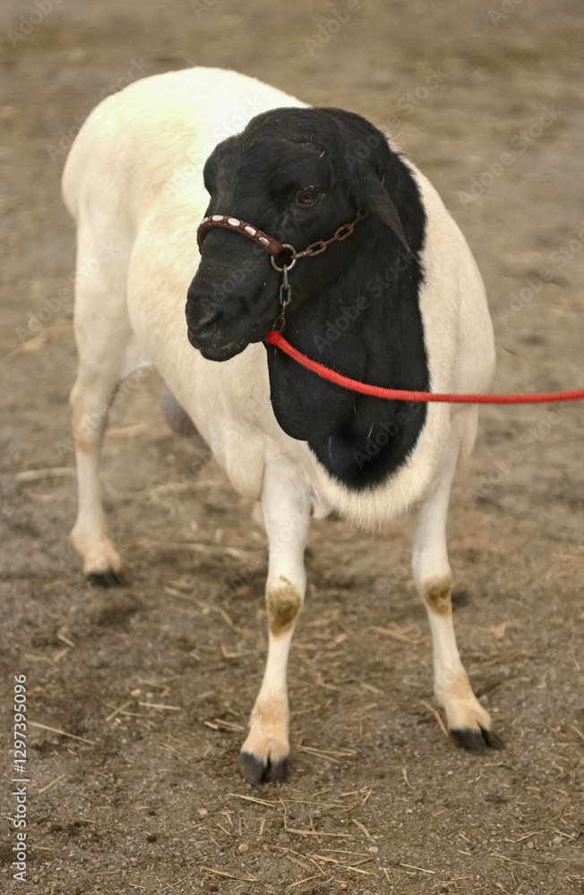Close up of a Dorper sheep with a black head at a livestock exhibition Close up of a Dorper sheep with a black head at a livestock exhibition