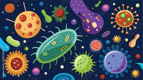 Colorful vector illustration showcasing various types of microorganisms in a vibrant and playful design against a dark background