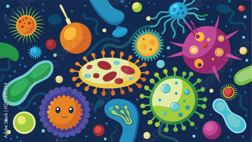 Colorful vector illustration showcasing various types of microorganisms in a vibrant and playful design against a dark background