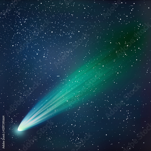 A comet with a green tail against a starry background, a mysterious and centered composition featuring a shining comet in space.