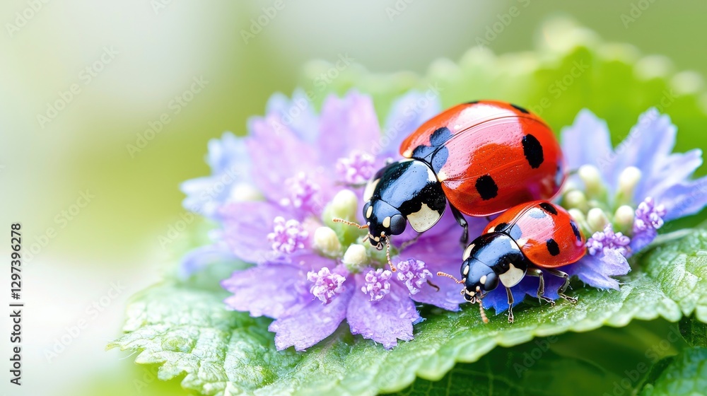 Obraz premium Ladybugs mating on purple flowers, green background, nature