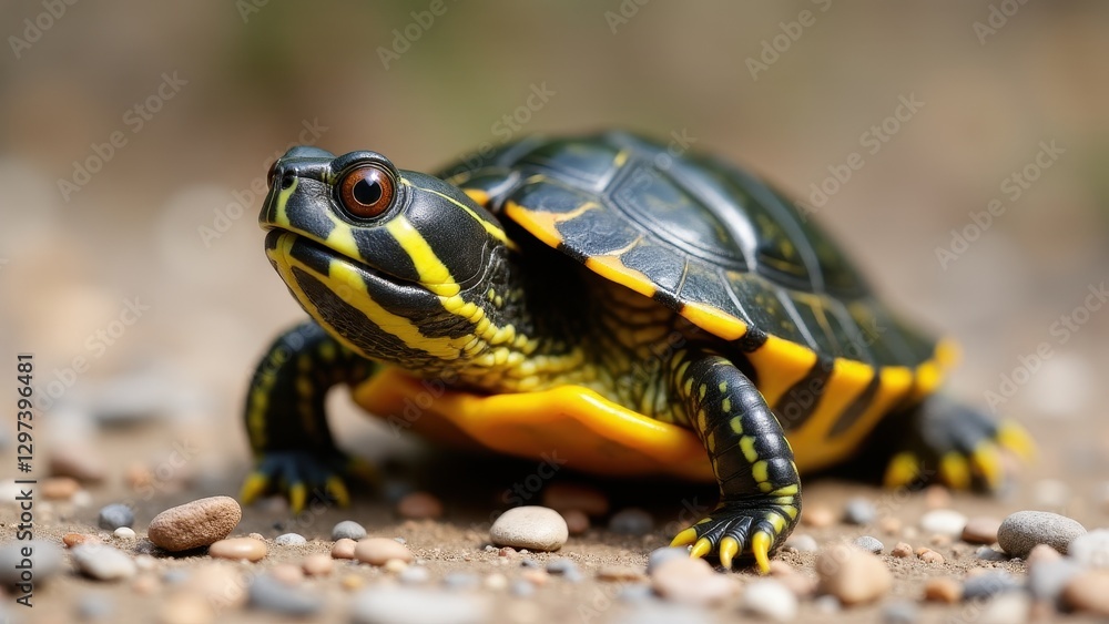 A newborn box turtle with vibrant yellow and black markings is seen on a pebbled surface. A newborn box turtle with vibrant yellow and black markings is seen on a pebbled surface.