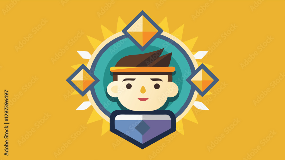 Vector illustration of a stylized character wearing a headband and surrounded by geometric shapes, set against a vibrant yellow background with a radiant design Vector illustration of a stylized character wearing a headband and surrounded by geometric shapes, set against a vibrant yellow background with a radiant design