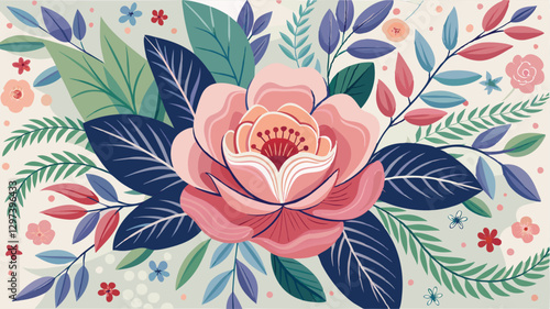 Vibrant floral illustration featuring colorful flowers and lush leaves in a soft background design