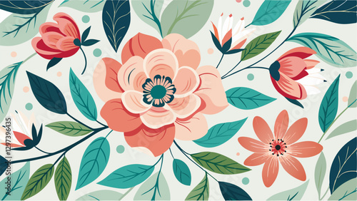 Vibrant floral illustration featuring colorful flowers and lush leaves in a soft background design