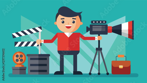 Creative filmmaker captures cinematic moments with a camera in a bright and colorful studio setting, complete with unique props and lighting equipment