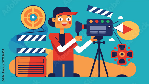 Creative filmmaker captures cinematic moments with a camera in a bright and colorful studio setting, complete with unique props and lighting equipment