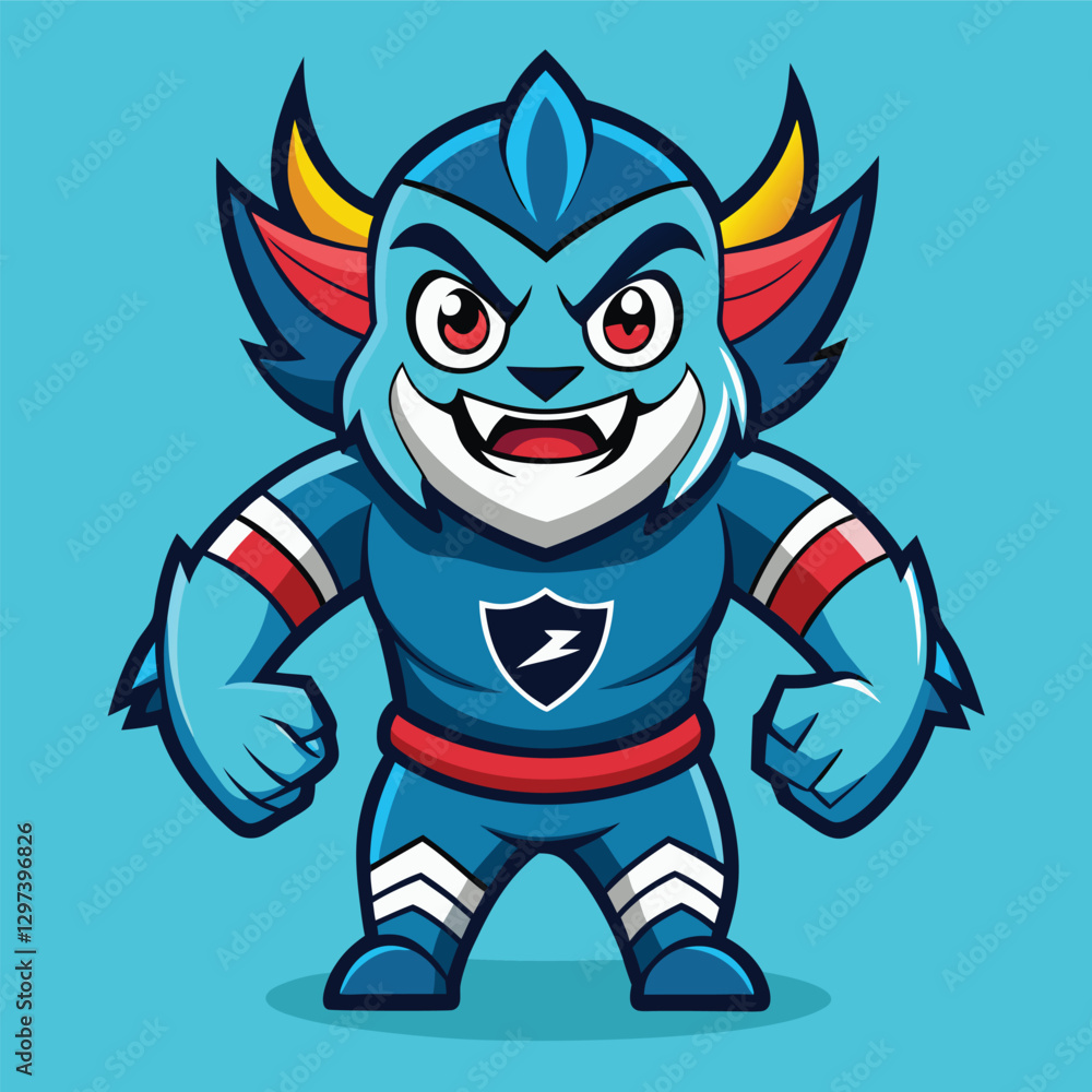 Fototapeta premium Colorful vector illustration of a fierce cartoon character with blue fur, striking a powerful pose, set against a vibrant backdrop