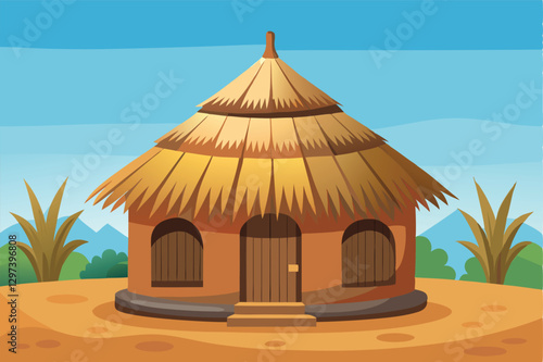 Illustration of a traditional desert dwelling surrounded by sandy terrain and minimal vegetation under a clear blue sky