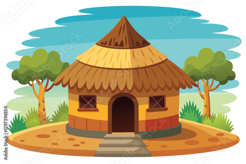 Illustration of a traditional desert dwelling surrounded by sandy terrain and minimal vegetation under a clear blue sky
