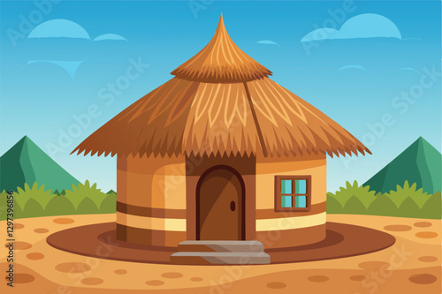 Illustration of a traditional desert dwelling surrounded by sandy terrain and minimal vegetation under a clear blue sky