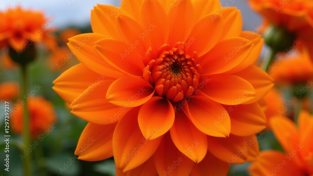 A vibrant orange dahlia in full bloom with detailed petals. A vibrant orange dahlia in full bloom with detailed petals.