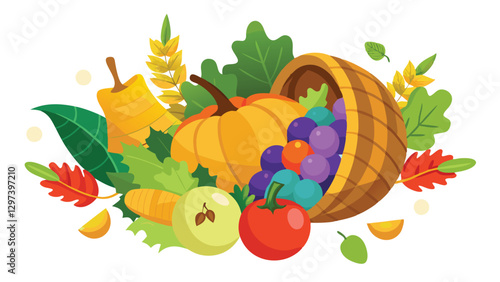 Colorful vector illustration of a harvest cornucopia filled with various fruits and vegetables showcasing the abundance of the autumn season