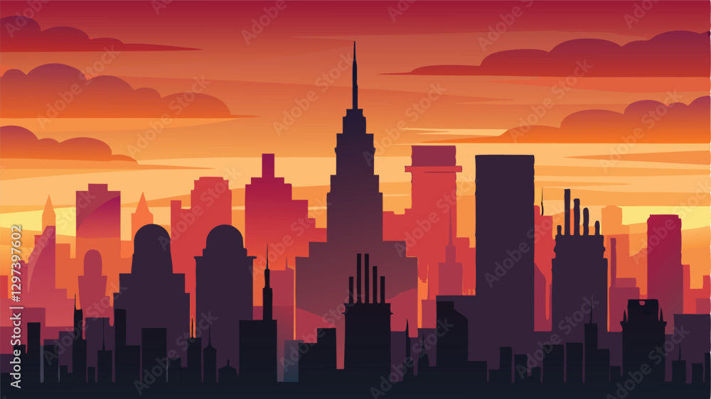Fototapeta premium Sunset over a stylized city skyline with vibrant hues and geometric shapes, capturing the essence of urban life and architecture at dusk