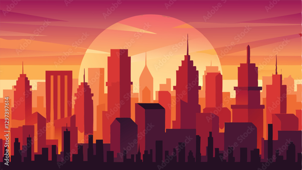 Sunset over a stylized city skyline with vibrant hues and geometric shapes, capturing the essence of urban life and architecture at dusk Sunset over a stylized city skyline with vibrant hues and geometric shapes, capturing the essence of urban life and architecture at dusk